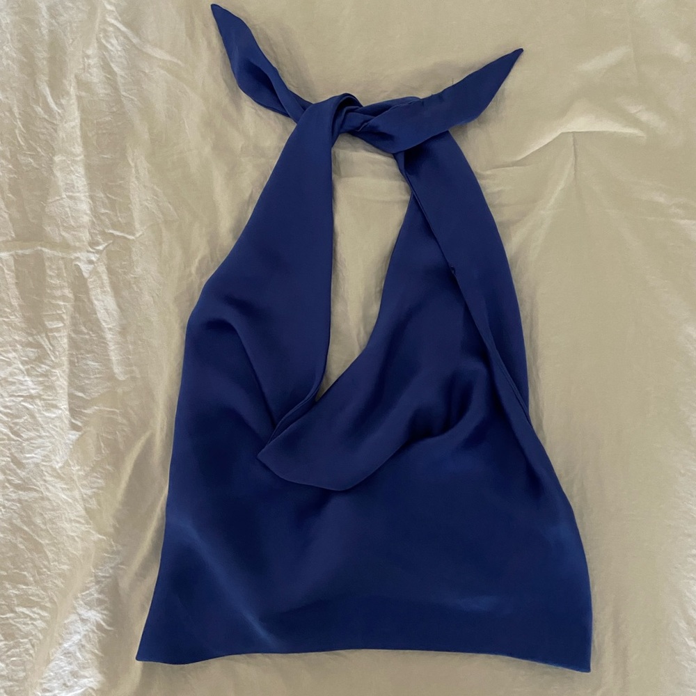 zara blue satin halter neck tie top, S